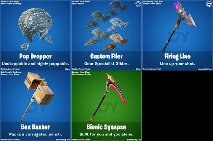 Fortnite v.12.3 pickaxes and gliders.