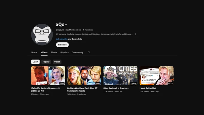 The videos page of xQc's YouTube channel.