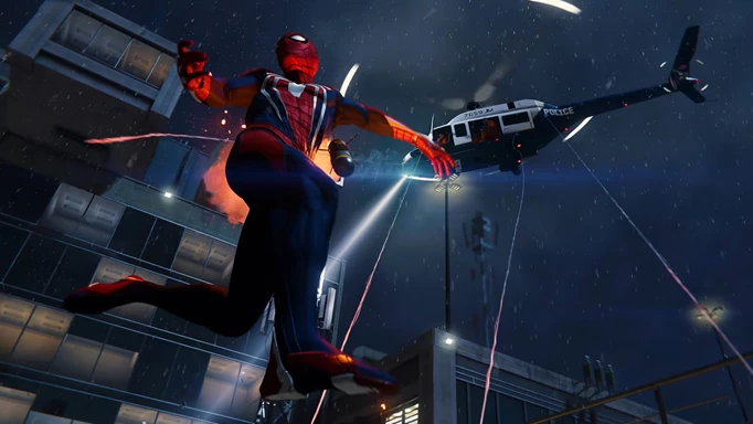 Spider-Man dodging a rocket while a police helicopter flies above him
