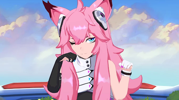 A character from Omega Strikers with pink hair and cat-like ears