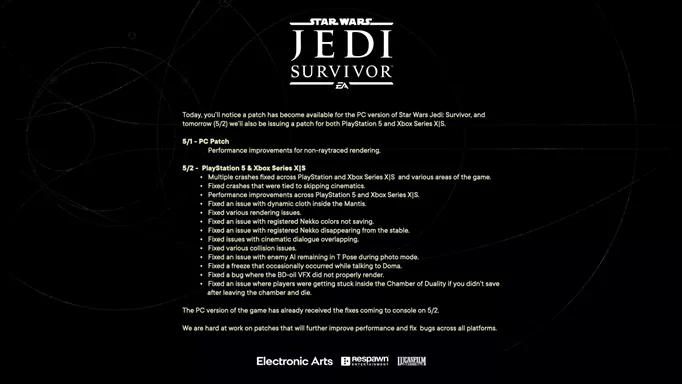 Star Wars Jedi: Survivor patch notes (May 1 & 2 2023)
