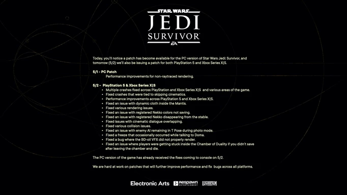 an image of the official Star Wars Jedi Survivor patch notes for May 1 and May 2
