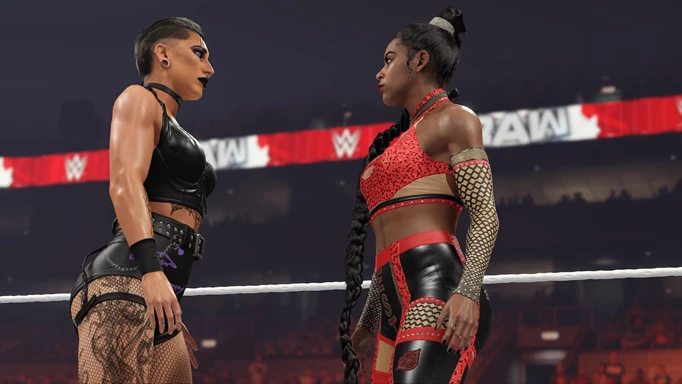 WWE 2K23 screenshot showing two fighters squaring up