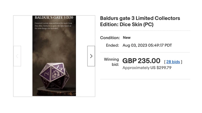 An eBay listing for an in-game dice skin for Baldur's Gate 3.