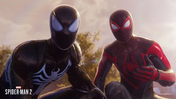 Miles and Peter in Spider-Man 2. Peter is wearing the Symbiote suit