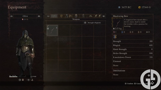 Image of the Blackwing Bow weapon in Dragon's Dogma 2