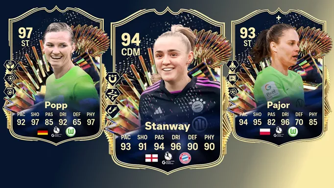 Image of the TOTS Frauen Bundesliga Popp, Stanway, and Pajor cards in EA FC 24