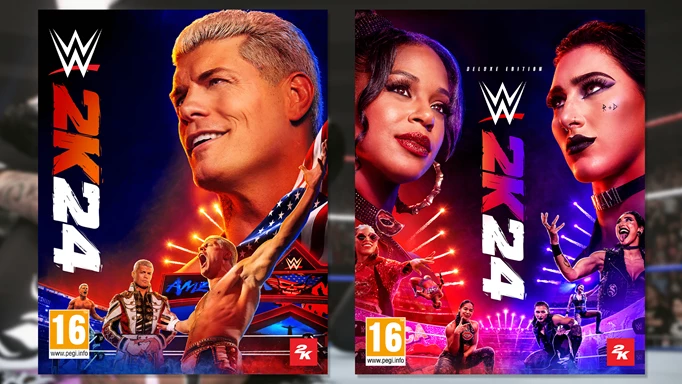 The cover art for WWE 2K24 and its deluxe edition.
