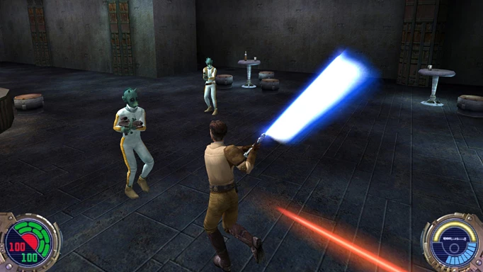 The player character swinging a lightsaber at some aliens