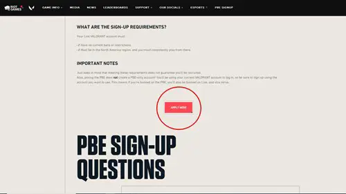 Valorant PBE sign up page
