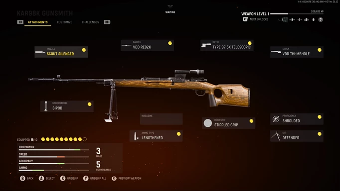 A Kar98k loadout with text of attachments.