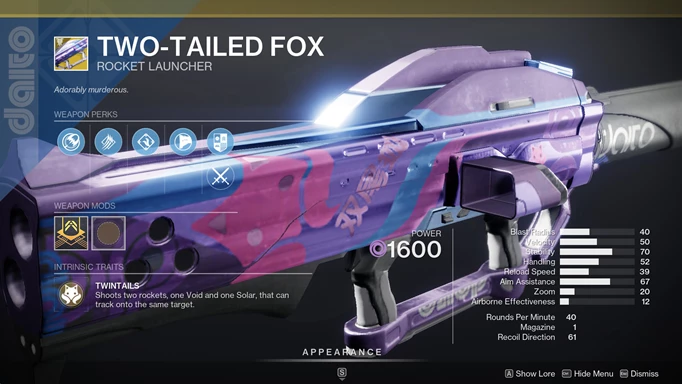 Destiny 2 Two-Tailed Fox Catalyst: The weapon and its perks