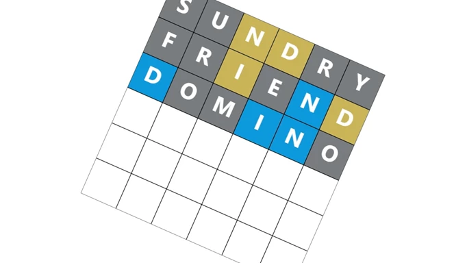 Screenshot of the Word Hurdle grid at an angle with sundry, friend, and domino in the first three lines