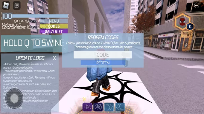 Webslingers redeem codes screen