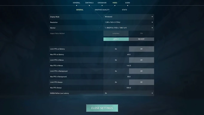 a screenshot of the VALORANT video settings menu