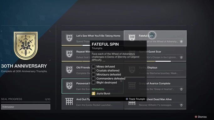 The Destiny 2 Fateful Spin challenge is found in the Triumphs menu.