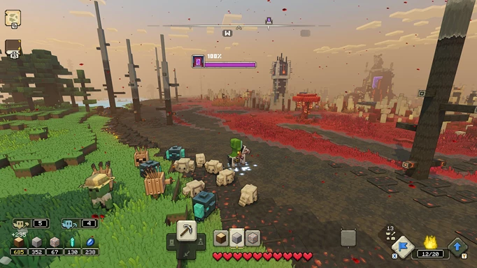 Screenshot of Minecraft Legends where the character is on a horse and being followed by monsters