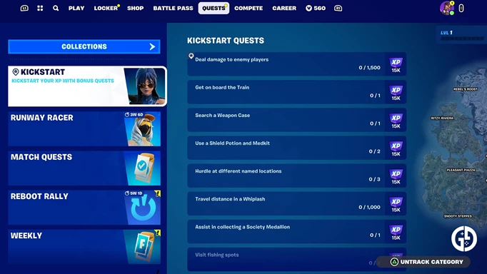 Screenshot of the quests screen in Fortnite where you can pickup tasks to get xp