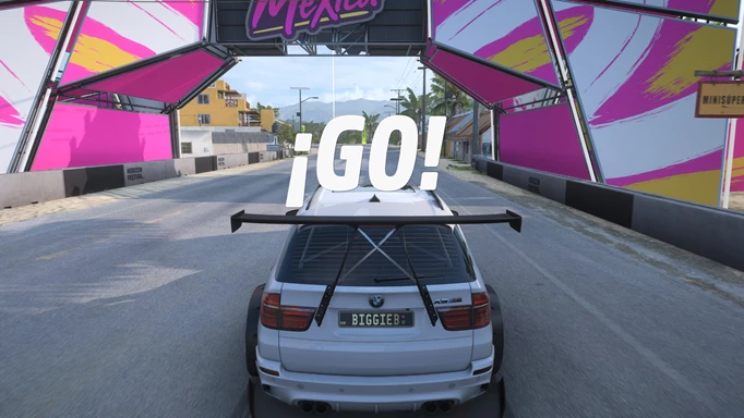 A car begins a race as the word "GO" turns up on screen.