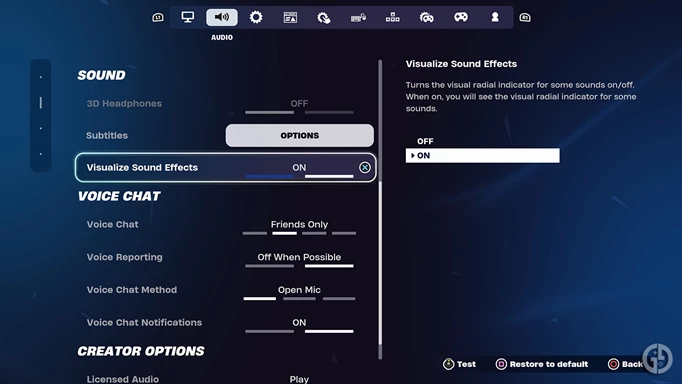 Turning on the Visualise Sound Effects setting in Fortnite
