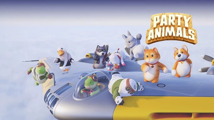 Gameplay atop a flying vehicle in Party Animals.
