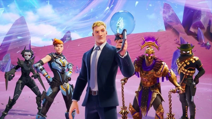 Jonesy and a cast of Fortnite skins prepare to use a rift in Fortnite.