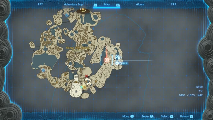 Map from The Legend of Zelda Tears of the Kingdom showing the location of Gutanbac Shrine