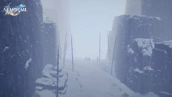 A group of people make their way through a snow-covered canyon in Honkai: Star Rail