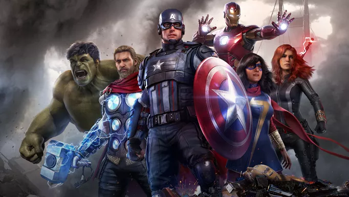 Key art for Marvel's Avengers, showing Captain America, Thor, Hulk, Iron Man, Ms Marvel, and Black Widow