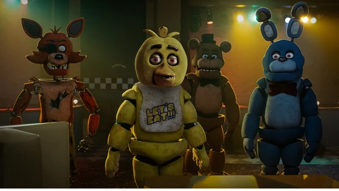 From left to right - Foxy, Chica, Freddy and Bonnie as they appear in the Five Nights at Freddy's movie.
