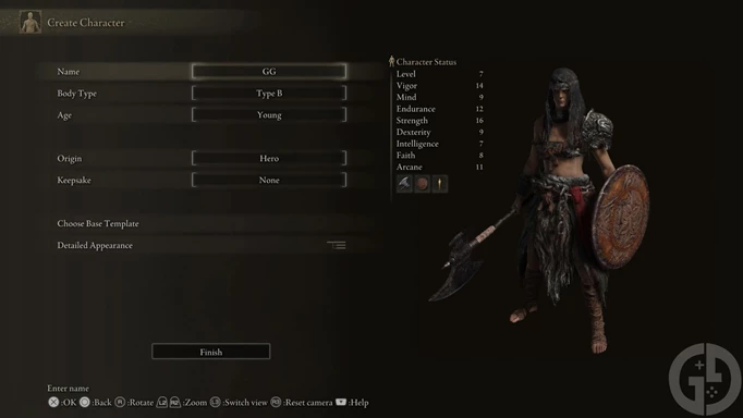 The starting stats of the Hero class in Elden Ring