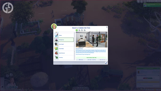 Career screen in The Sims 4