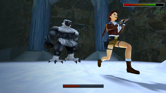 A boss with a health bar in Tomb Raider I-III Remastered