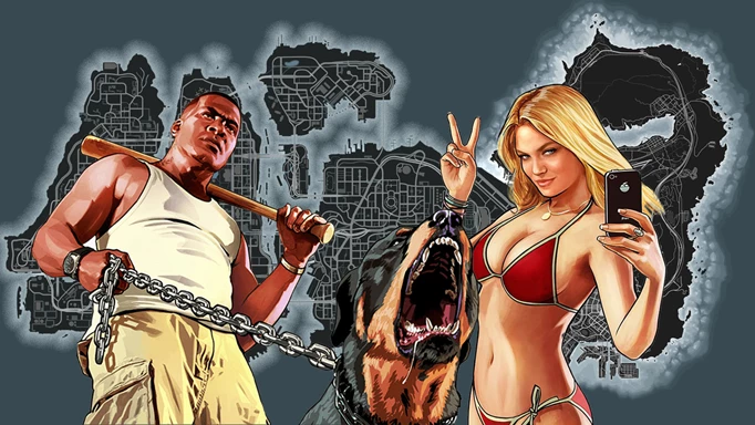 GTA map with art of a man and woman in front of it