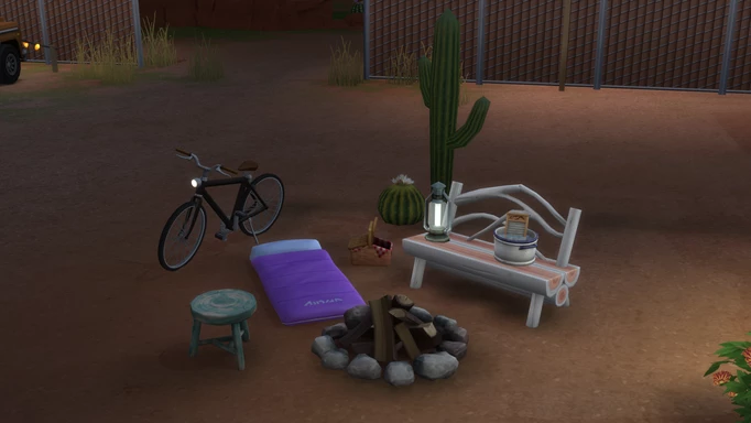 Rotated objects by a campfire in The Sims 4