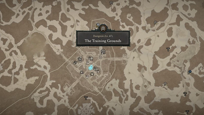 The location of the Training Grounds on the Diablo 4 map