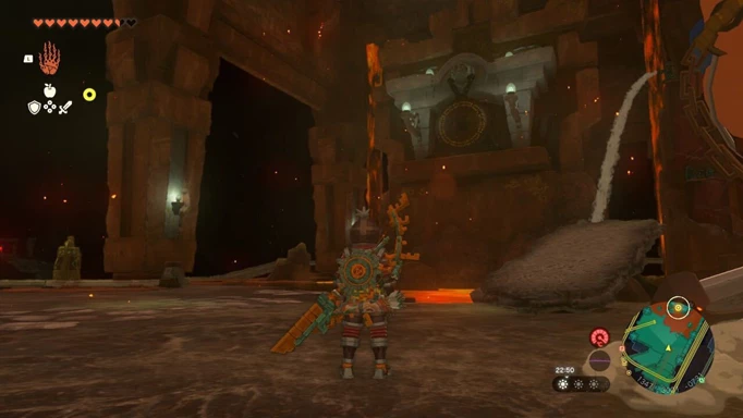 Link staring at the Fourth Gong lock in Zelda: Tears of the Kingdom's Fire Temple