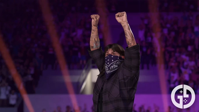 Dominik Mysterio posing during his entrance in WWE 2K24
