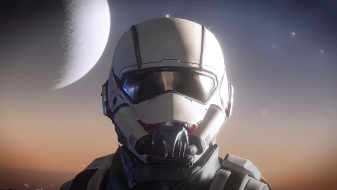 A close-up look at the helmet of a soldier in Helldivers 2.