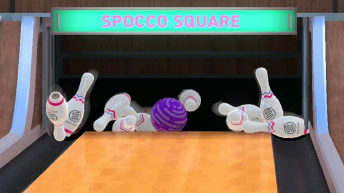 A strike in Nintendo Switch Sports bowling.