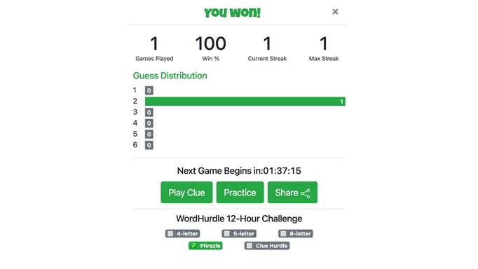 Screenshot showing the 'you won' message and the timer for when a new game starts in Phrazle