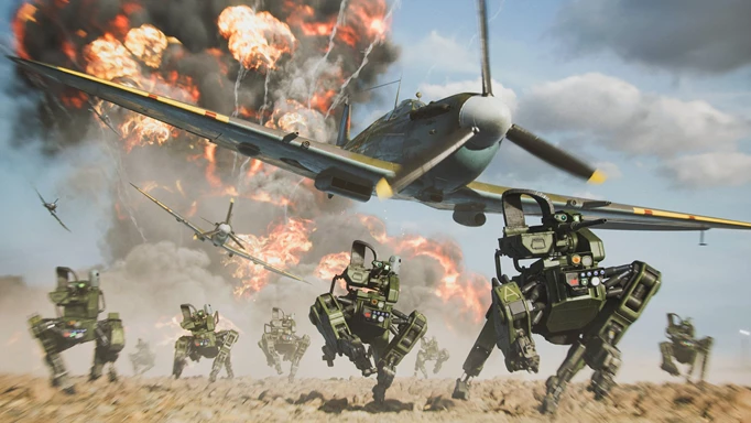 Is Battlefield 2042 going free-to-play: a plane passes over a robot dog.