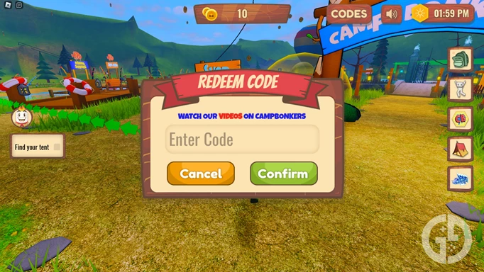 Camp Bonkers code redeem screen