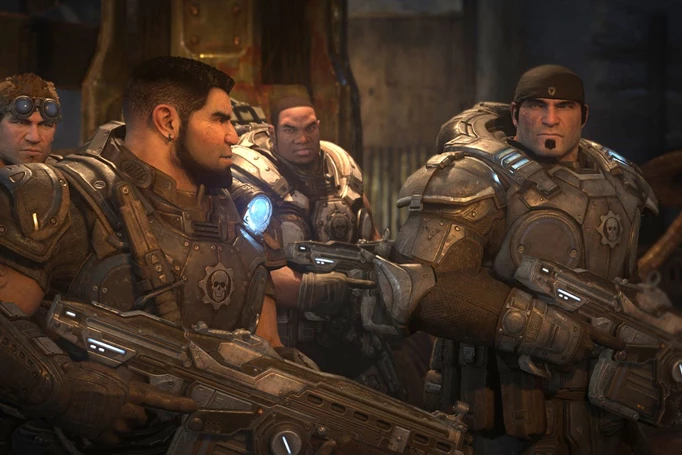 Gears members talk amongst themselves in Gears of War 2.