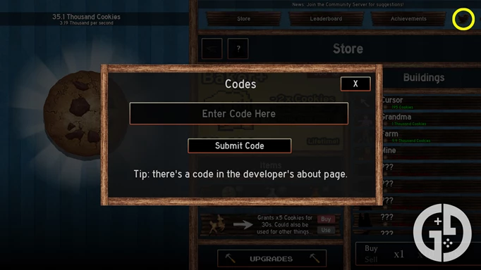 The codes menu in Cookie Clicker