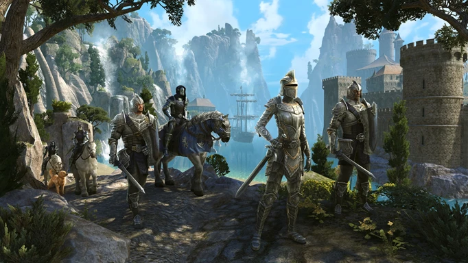 A group of Bretons from Elder Scrolls Online High Isle walk along a path with a castle in the distance