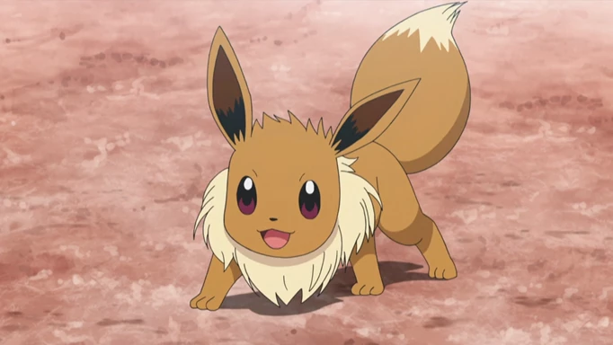 An Eevee ready to pounce in the Pokémon anime.