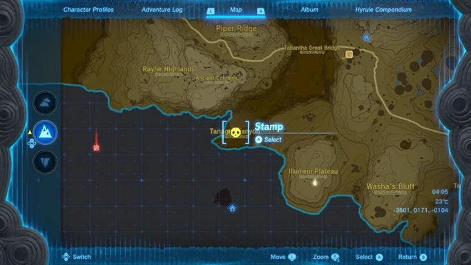 A map showing the Tanagar Canyon, where a Rare Stone Talus can be found in Zelda: Tears of the Kingdom