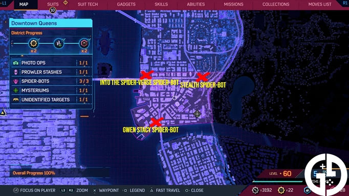 The Spider-Man 2 Spider-Bot locations map for Downtown Queens
