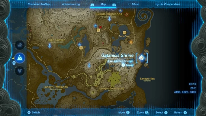 Gatanisis shrine map location in Zelda Tears of the Kingdom